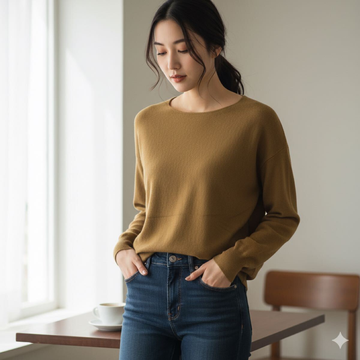 シンプリシテェ　薄手　長袖　レディース　ニット　セーター　丸首　カーキ　無地_画像1