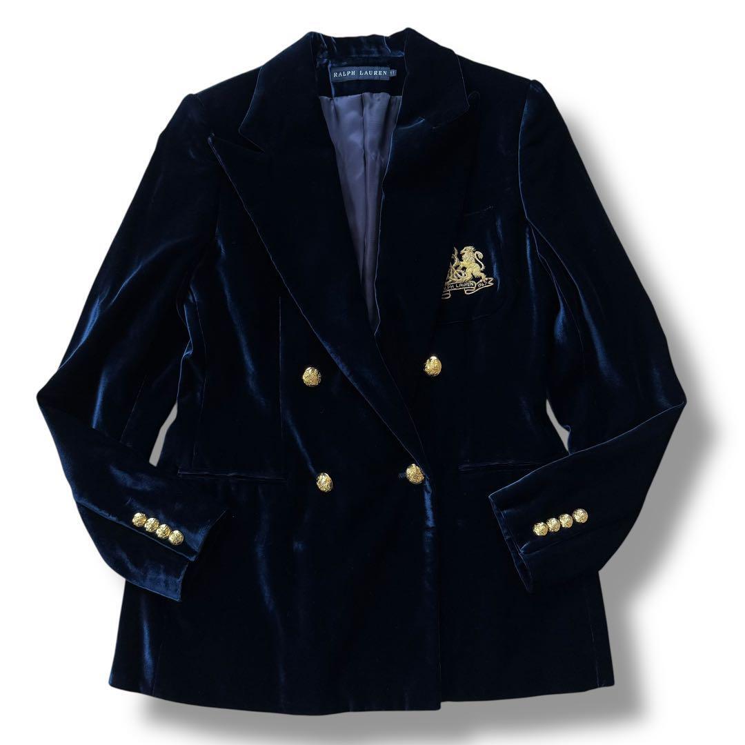 【定価約12万】Ralph Lauren ラルフローレン ベロア ダブルブレスト クレスト刺繍 エンブレム 紺ブレ 金ボタン ネイビー レディース 11号 L_画像2