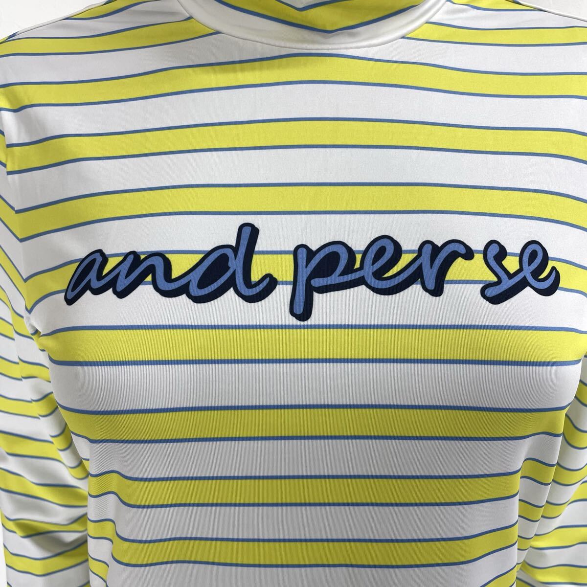 【USED】and per se アンパスィ ポリエステル モックネック 長袖 シャツ ボーダー イエロー 黄 ホワイト 白 レディース L ゴルフウェア_画像7