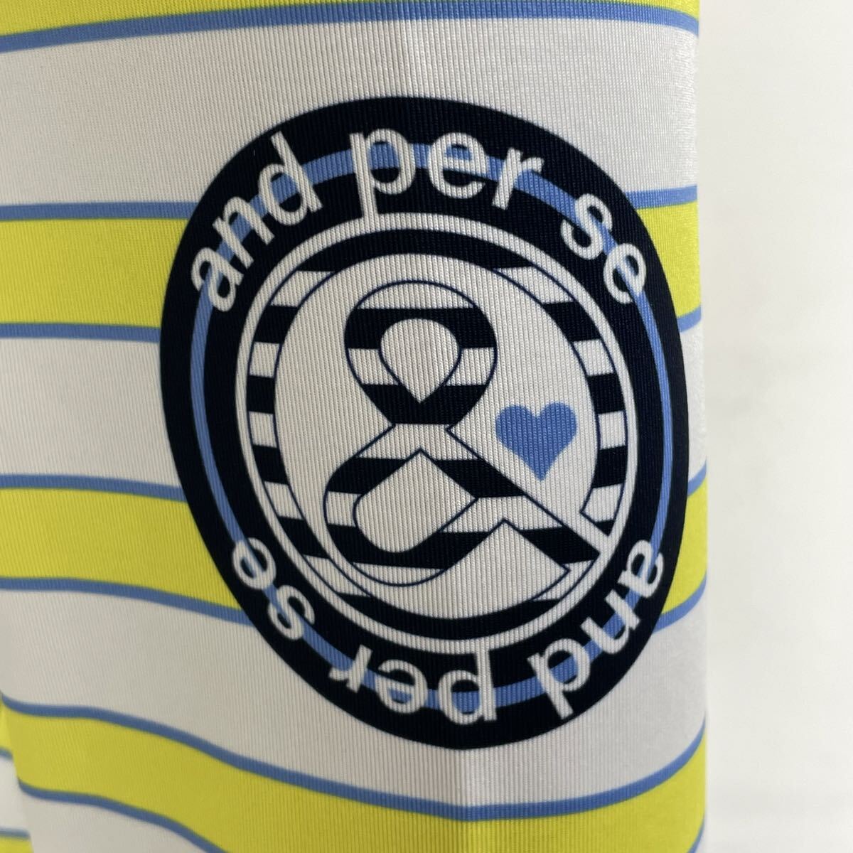 【USED】and per se アンパスィ ポリエステル モックネック 長袖 シャツ ボーダー イエロー 黄 ホワイト 白 レディース L ゴルフウェア_画像8