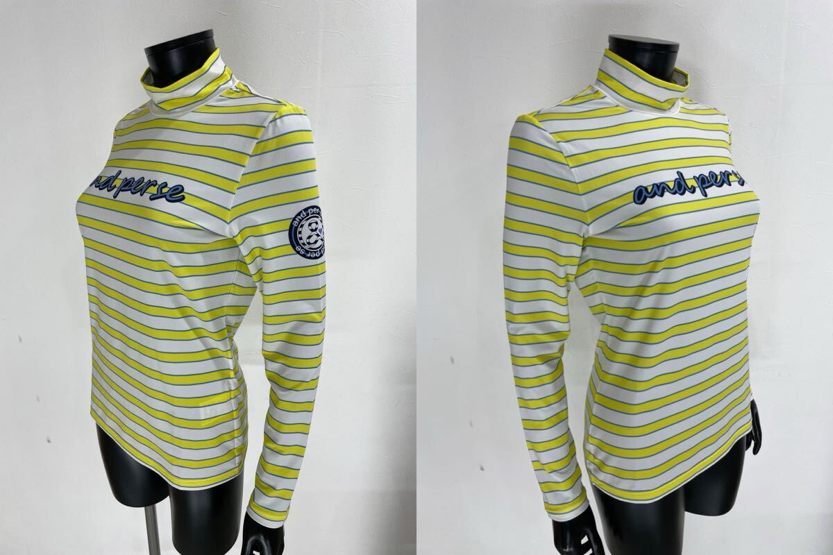 【USED】and per se アンパスィ ポリエステル モックネック 長袖 シャツ ボーダー イエロー 黄 ホワイト 白 レディース L ゴルフウェア_画像5