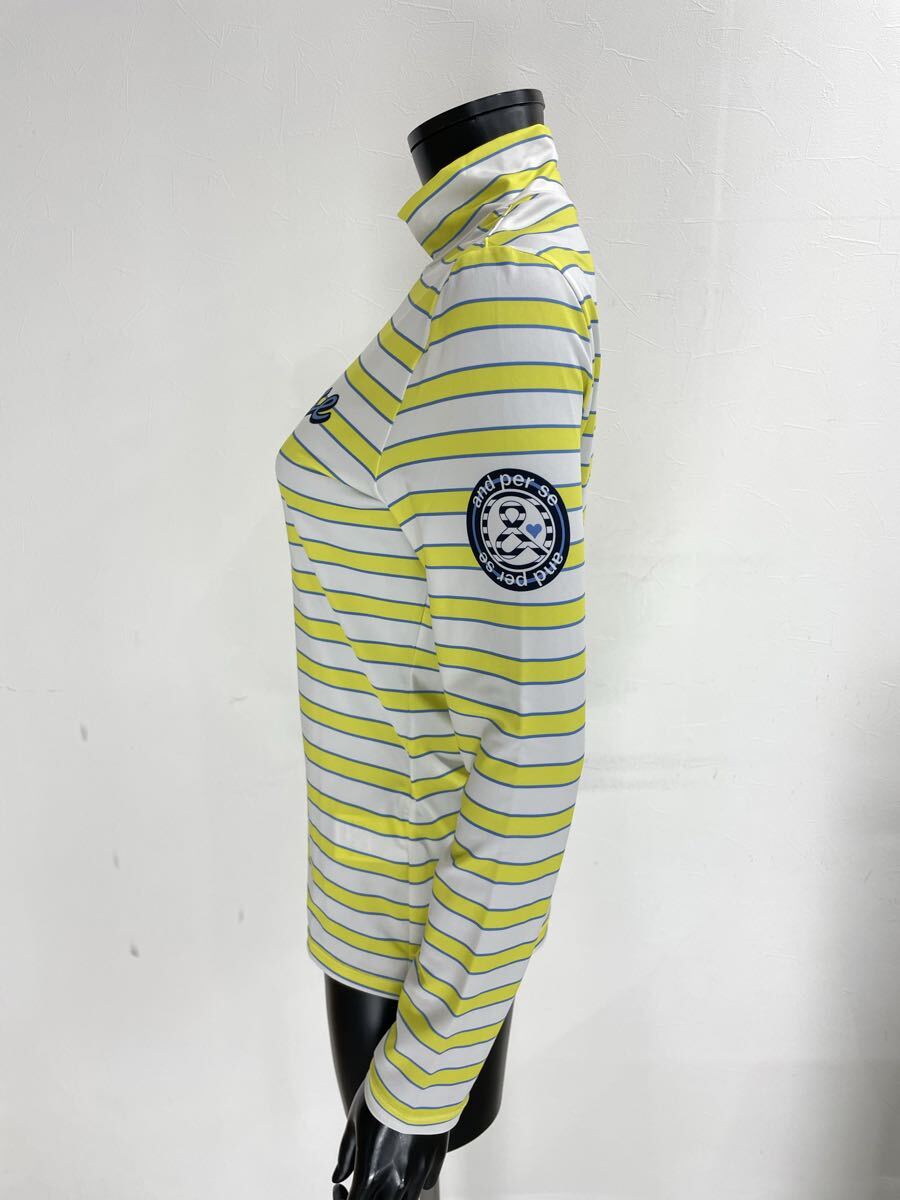 【USED】and per se アンパスィ ポリエステル モックネック 長袖 シャツ ボーダー イエロー 黄 ホワイト 白 レディース L ゴルフウェア_画像2