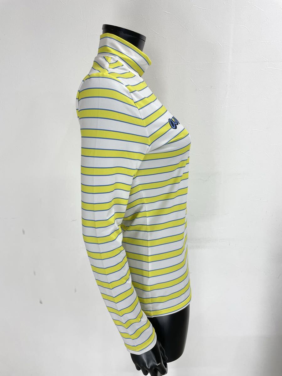 【USED】and per se アンパスィ ポリエステル モックネック 長袖 シャツ ボーダー イエロー 黄 ホワイト 白 レディース L ゴルフウェア_画像4