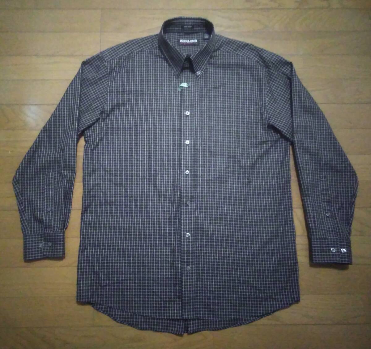 クリーニング済/L(実寸LL以上)□KIRKLAND カークランド□綿ノンアイロン 長袖ボタンダウンシャツ/黒地にチェック柄_画像1