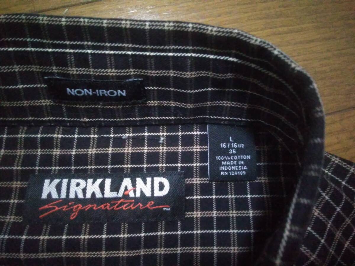 クリーニング済/L(実寸LL以上)□KIRKLAND カークランド□綿ノンアイロン 長袖ボタンダウンシャツ/黒地にチェック柄_画像3