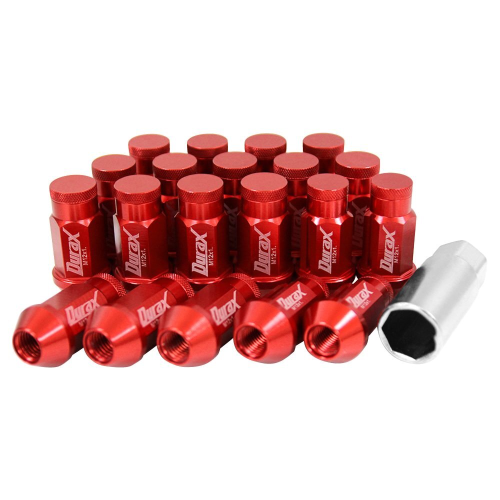 アルミ製ロックナット M12xP1.25 袋ロング 非貫通 50mm 鍛造ホイール ラグ ナット Durax 20個セット 日産 スズキ スバル 赤 レッド_画像4