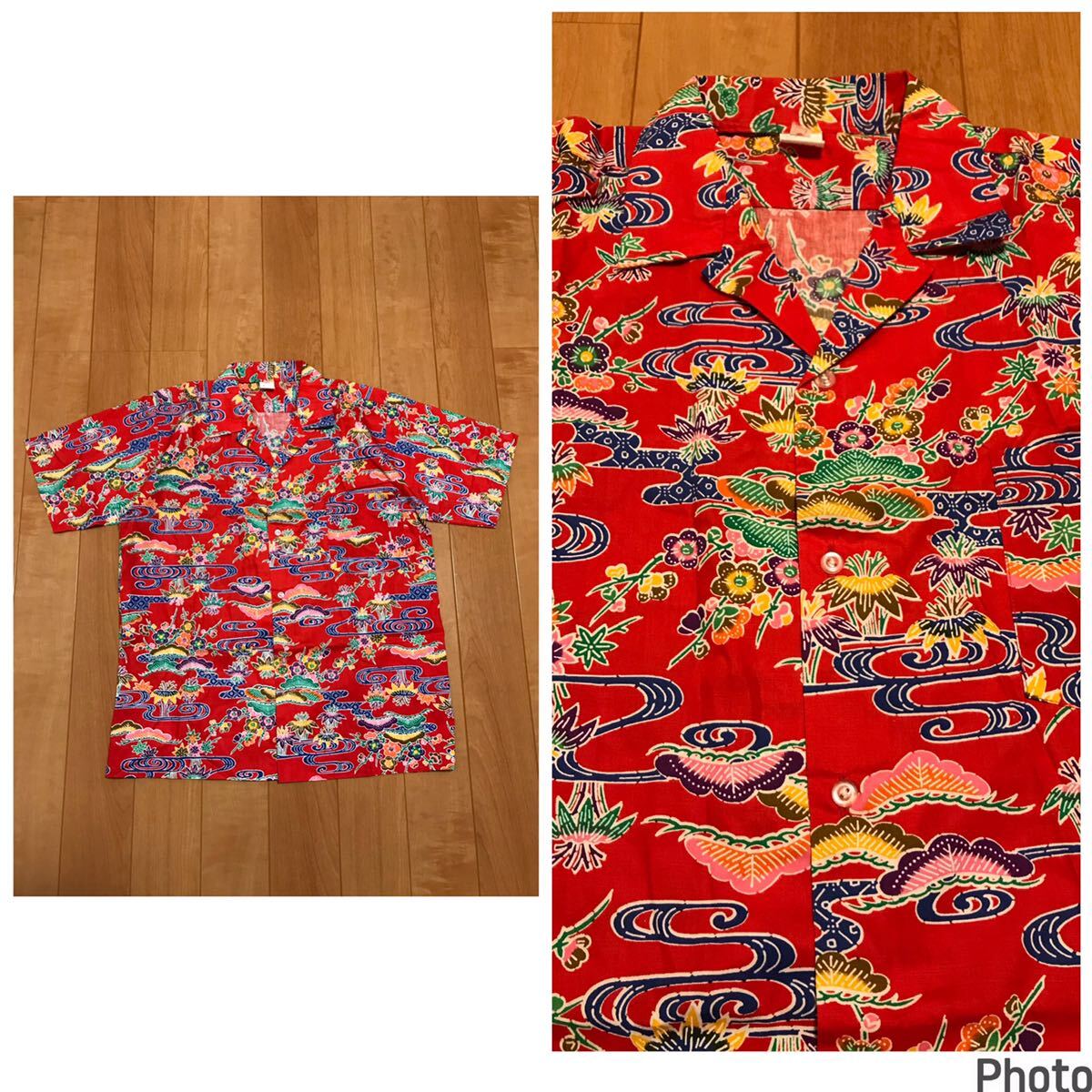 着用極少な目.美品☆80s-90sUnknown/和柄 メンズサイズM 半袖開襟アロハシャツ・古風な発色&松,竹?,梅,他総柄 日本模様 かりゆしウェア_画像1