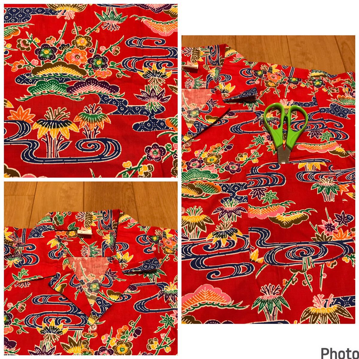 着用極少な目.美品☆80s-90sUnknown/和柄 メンズサイズM 半袖開襟アロハシャツ・古風な発色&松,竹?,梅,他総柄 日本模様 かりゆしウェア_画像6