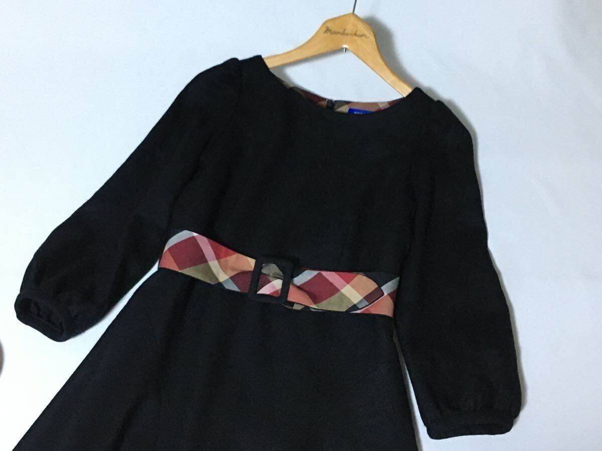 美品 ブルーレーベルクレストブリッジ チェックのベルトが可愛いウールワンピース 36 送料230円♪_画像3