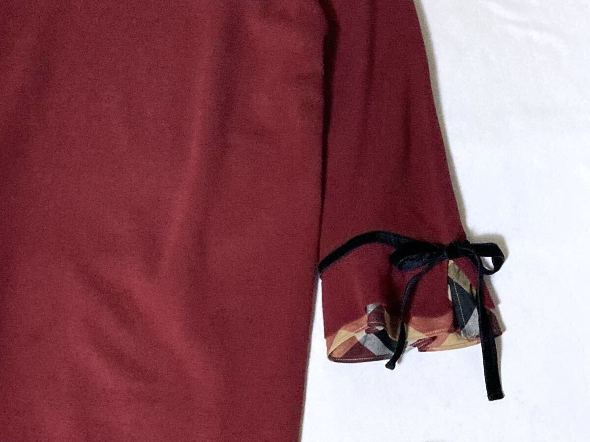 美品 BLUE LABEL CRESTBRIDGE チェックにベロアリボンの袖口が可愛いニットワンピース 38 送料230円♪_画像7