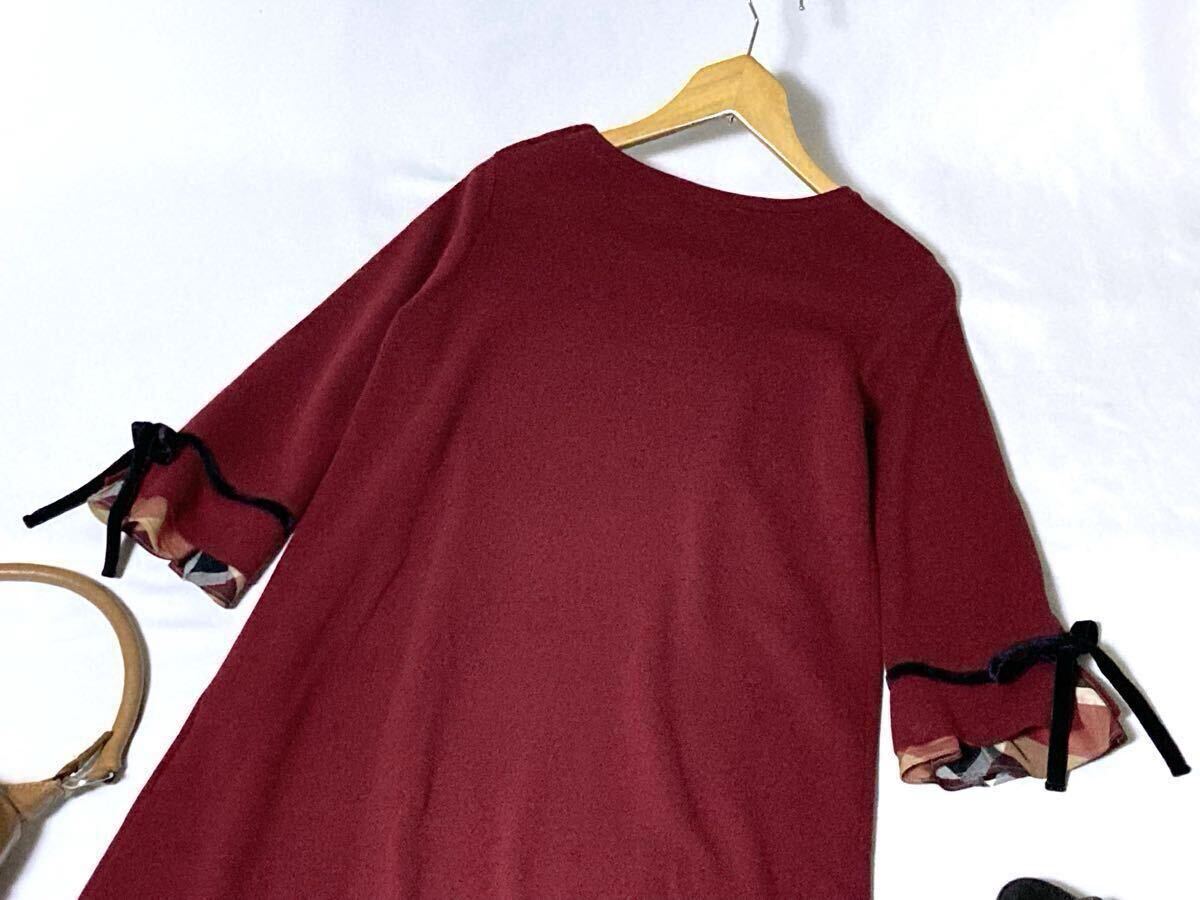 美品 BLUE LABEL CRESTBRIDGE チェックにベロアリボンの袖口が可愛いニットワンピース 38 送料230円♪_画像8