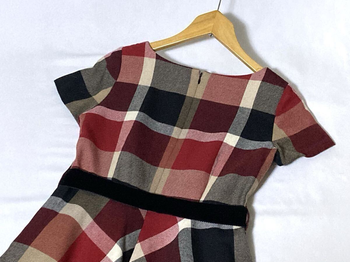 ブルーレーベルクレストブリッジ ベロアのおリボンベルトが可愛いチェック柄ワンピース 36 送料230円♪_画像7