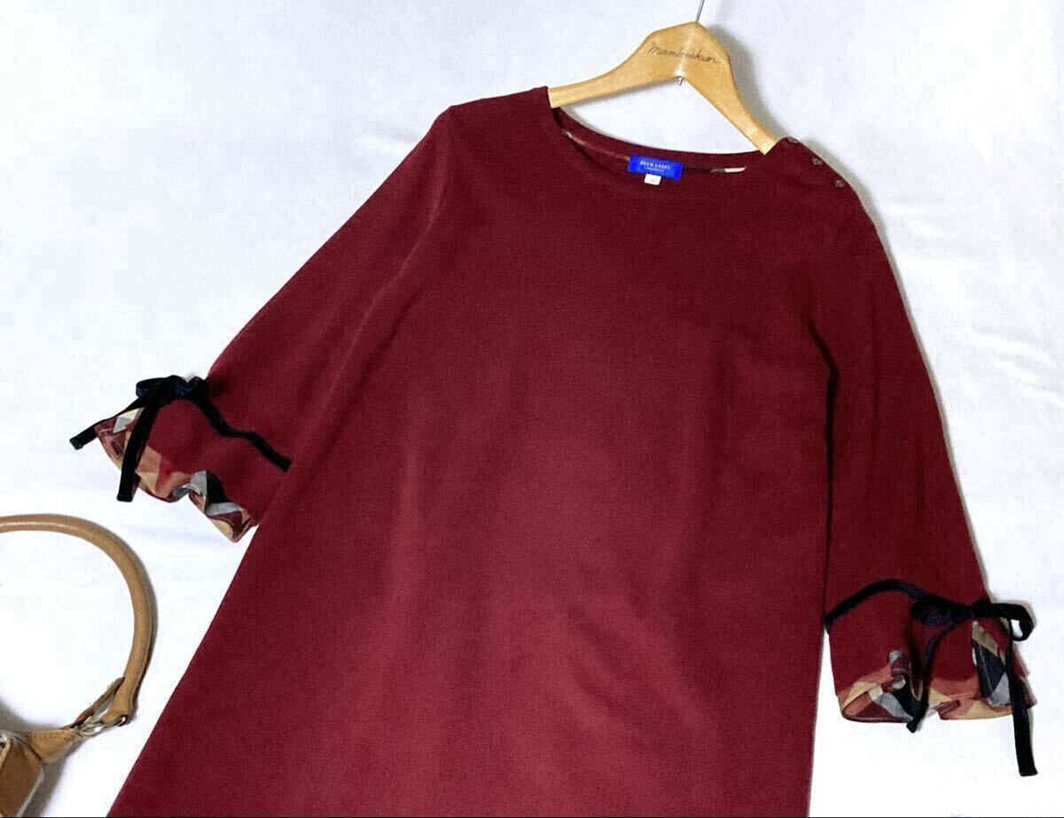 美品 BLUE LABEL CRESTBRIDGE チェックにベロアリボンの袖口が可愛いニットワンピース 38 送料230円♪_画像5