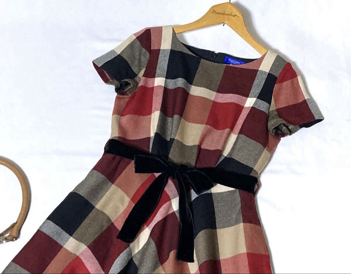 ブルーレーベルクレストブリッジ ベロアのおリボンベルトが可愛いチェック柄ワンピース 36 送料230円♪_画像4