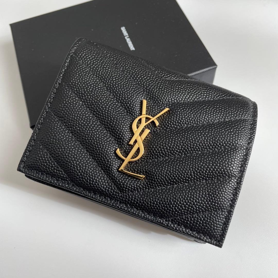 【未使用】SAINT LAURENT サンローラン 二つ折り財布 YSL カサンドラ 小銭入れ付き 札入れ カード入れ Vステッチ レザー 530841_画像1