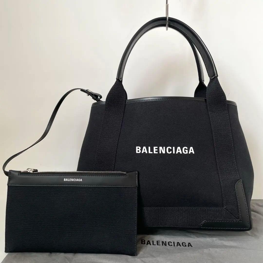 【未使用品】BALENCIAGA バレンシアガ ネイビーカバスS スモール トートバッグ 肩掛け キャンバス レザー A4収納 黒 339933_画像1