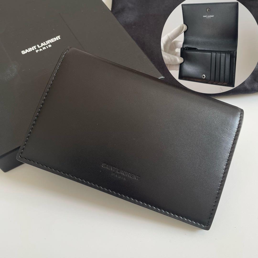 【極美品】サンローラン カードケース 小銭入れ レザー ロゴ型押し 黒 フラグメントケース 折財布 ミニウォレット レザー 本革 ブラック_画像1