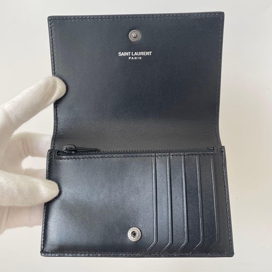 【極美品】サンローラン カードケース 小銭入れ レザー ロゴ型押し 黒 フラグメントケース 折財布 ミニウォレット レザー 本革 ブラック_画像3