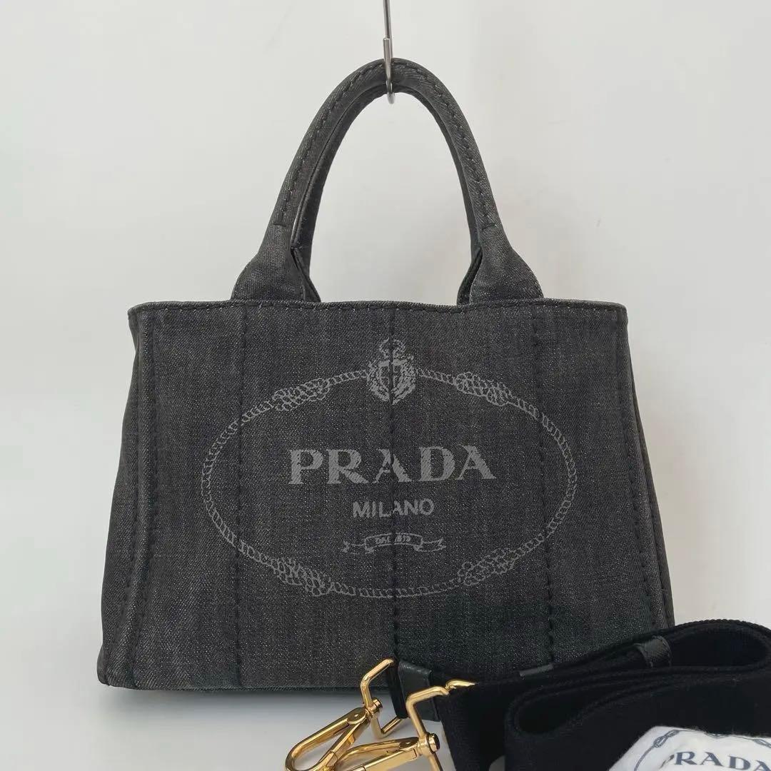 【極美品★保存袋付き】PRADA プラダ カナパS トートバッグ トートバッグ ショルダー デニム 三角ロゴ 黒 ブラック 1BG439_画像1