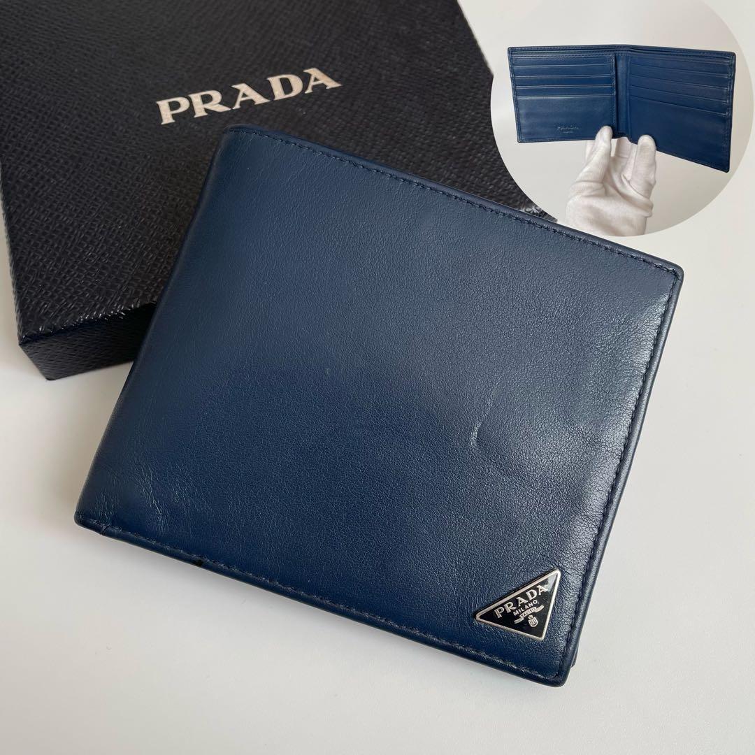 【極美品】PRADA プラダ 二つ折り財布 札入れ カード入れ 三角ロゴ トライアングル ソフトカーフレザー ネイビー 紺 2MO513_画像1