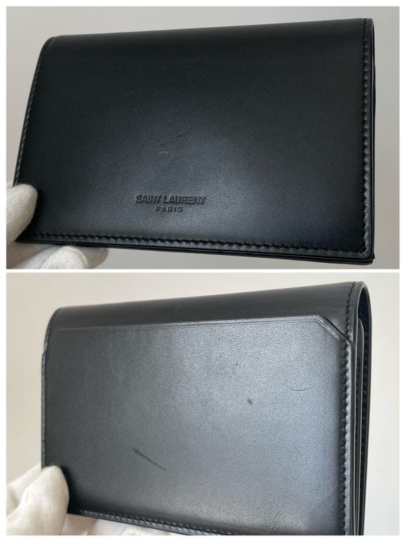 【極美品】サンローラン カードケース 小銭入れ レザー ロゴ型押し 黒 フラグメントケース 折財布 ミニウォレット レザー 本革 ブラック_画像9
