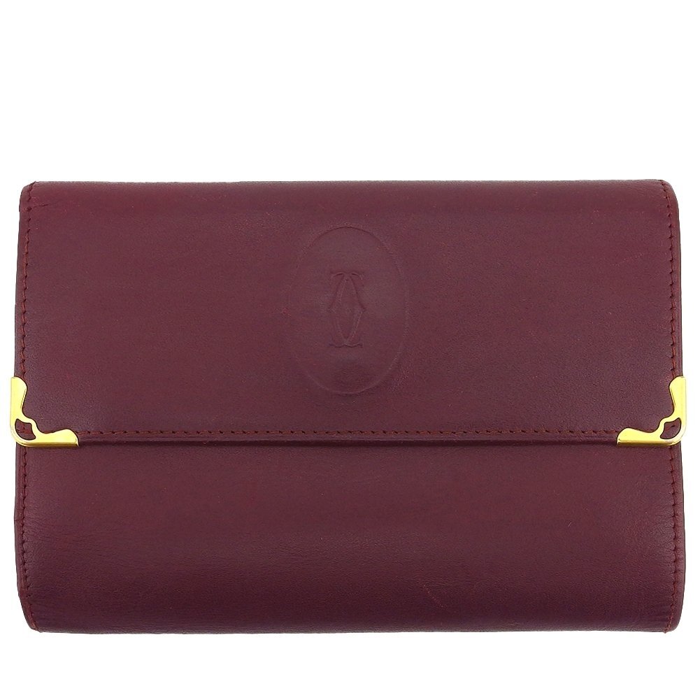 【30%OFFクーポン】カルティエ CARTIER 三つ折り財布 マストライン ボルドー×ゴールド レディース 中古_画像1