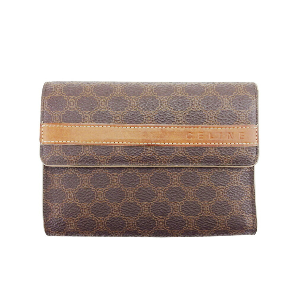 セリーヌ CELINE 三つ折り財布 マカダム ブラウン ベージュ レディース 中古_画像1