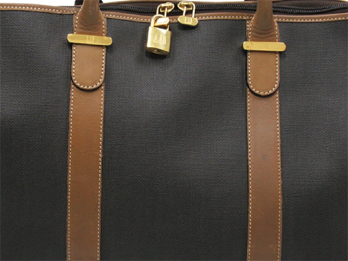 ダンヒル Dunhill ボストンバッグ ヘリンボーン グレー 灰色 ブラウン ゴールド レディース 中古