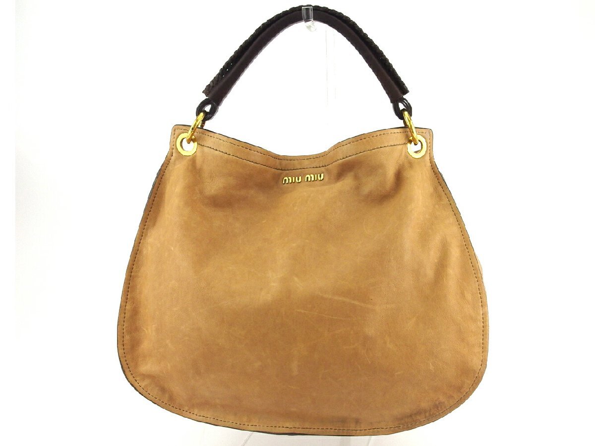 ミュウミュウ MIUMIU ハンドバッグ ロゴ ベージュ ブラウン ゴールド レディース 中古