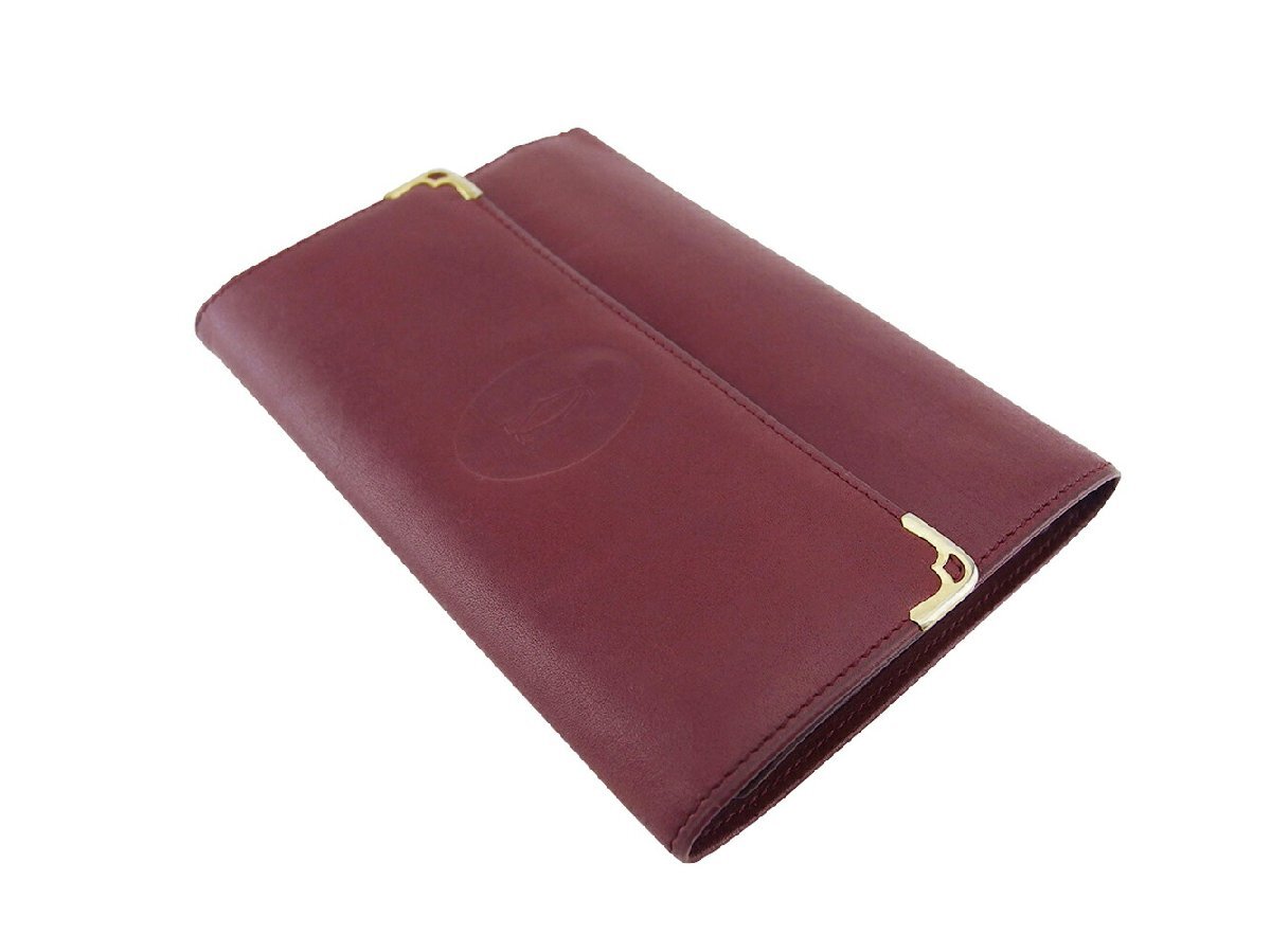 【30%OFFクーポン】カルティエ CARTIER 三つ折り財布 マストライン ボルドー ゴールド レディース 中古_画像2