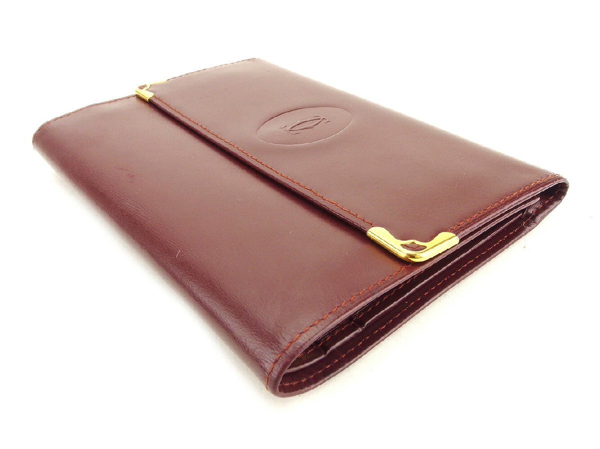 【30%OFFクーポン】カルティエ CARTIER 三つ折り財布 マストライン ボルドー ゴールド レディース 中古_画像2