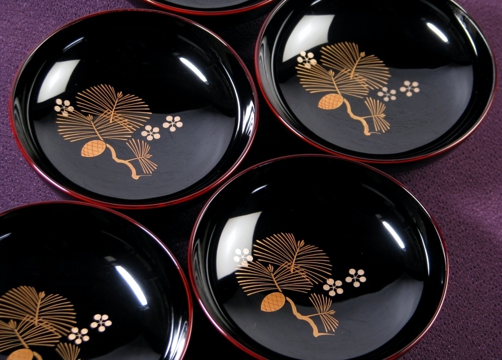 輪島塗　景芳作　見返松鶴蒔絵 吸物椀5客　木製　幅：12.3cm　共箱　極美品/25i066_画像6