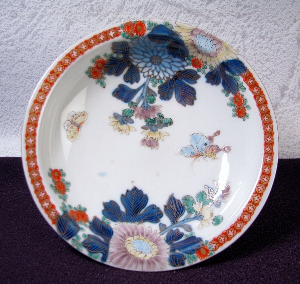 オールド深川　鍋島写し　染錦菊花・蝶文高台皿5客　幅：15cm　桐箱付　明治時代/25i067_画像7