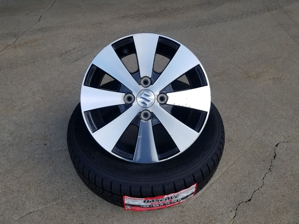 送料込!TOYO オブザーブ GIZ3 155/65R14 新品 と スズキ純正 中古アルミホイール 4本セット 即納 スペーシア ワゴンR アルト スズキ車_画像1
