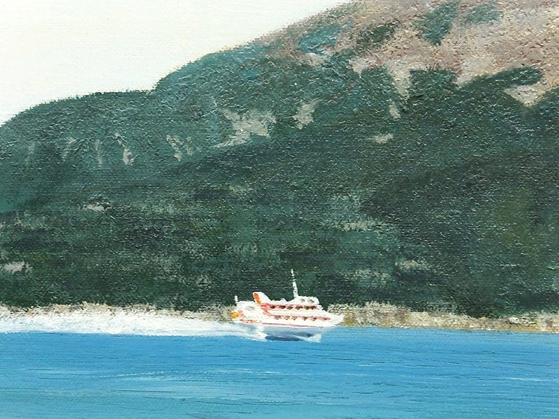 【GLC】徳野秀 「鹿児島新港 南防波堤燈台と桜島」 油彩15号共シール 元新世紀委員 百貨店個展多数 リアリズム岬を描き続ける画家_画像3