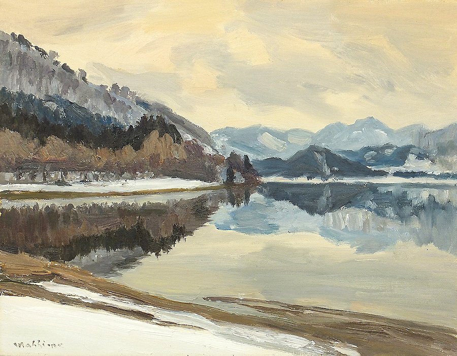 【GLC】真下慶治 「風(fēng)景」 油彩6號 日展評議員 山形県出身巨匠 ◆冬の最上川風(fēng)景?逸品!