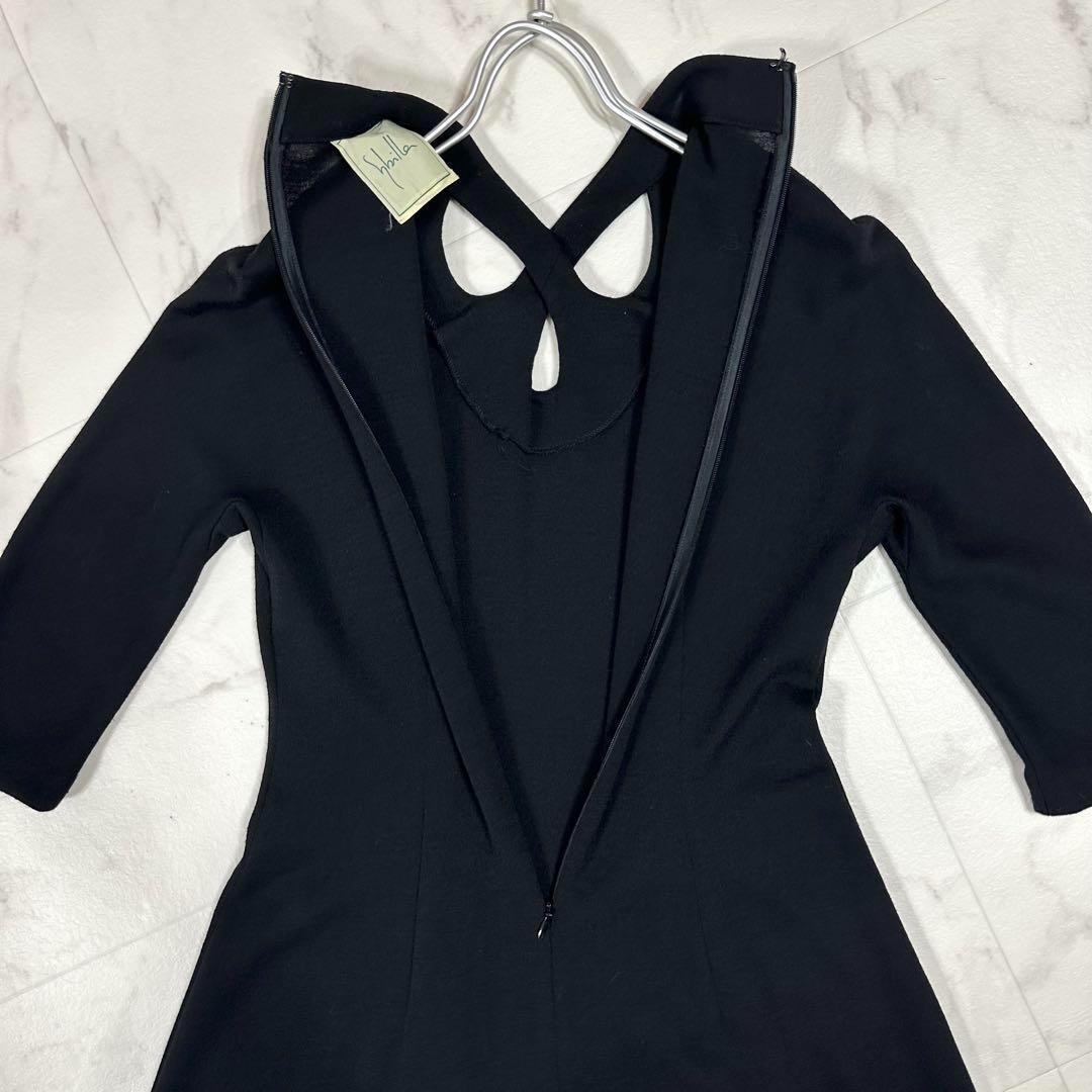 【美品】Sybilla（シビラ）ウール100％ カットワーク　七分袖 ロングワンピース Aライン ブラック L相当_画像7