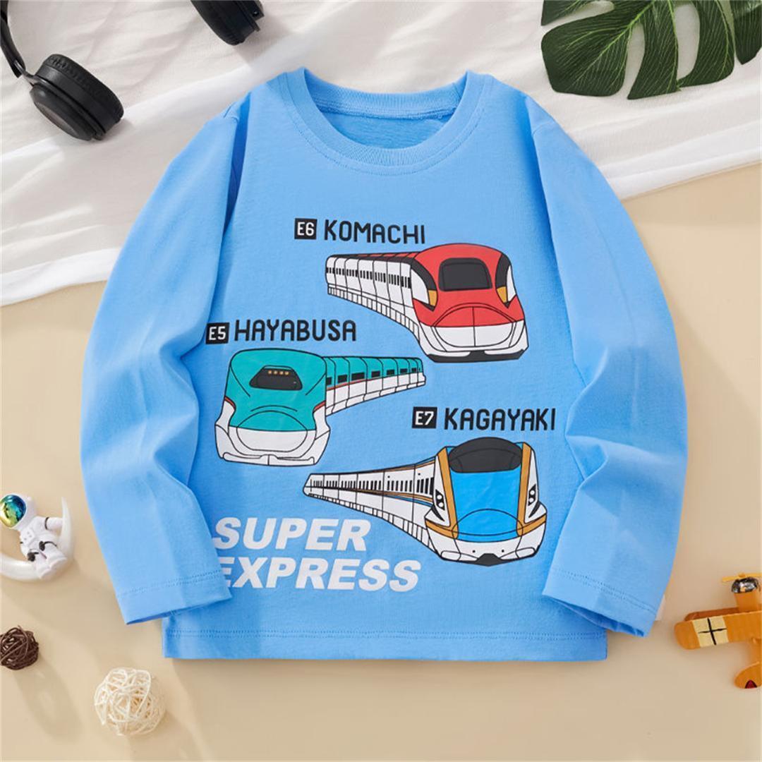[新品]新幹線 長袖 トップス キッズ Tシャツ こまち はやぶさ かがやき SUPER EXPRESS 男の子 女の子 電車 鉄道 ブルー カジュアル 130cm_画像2