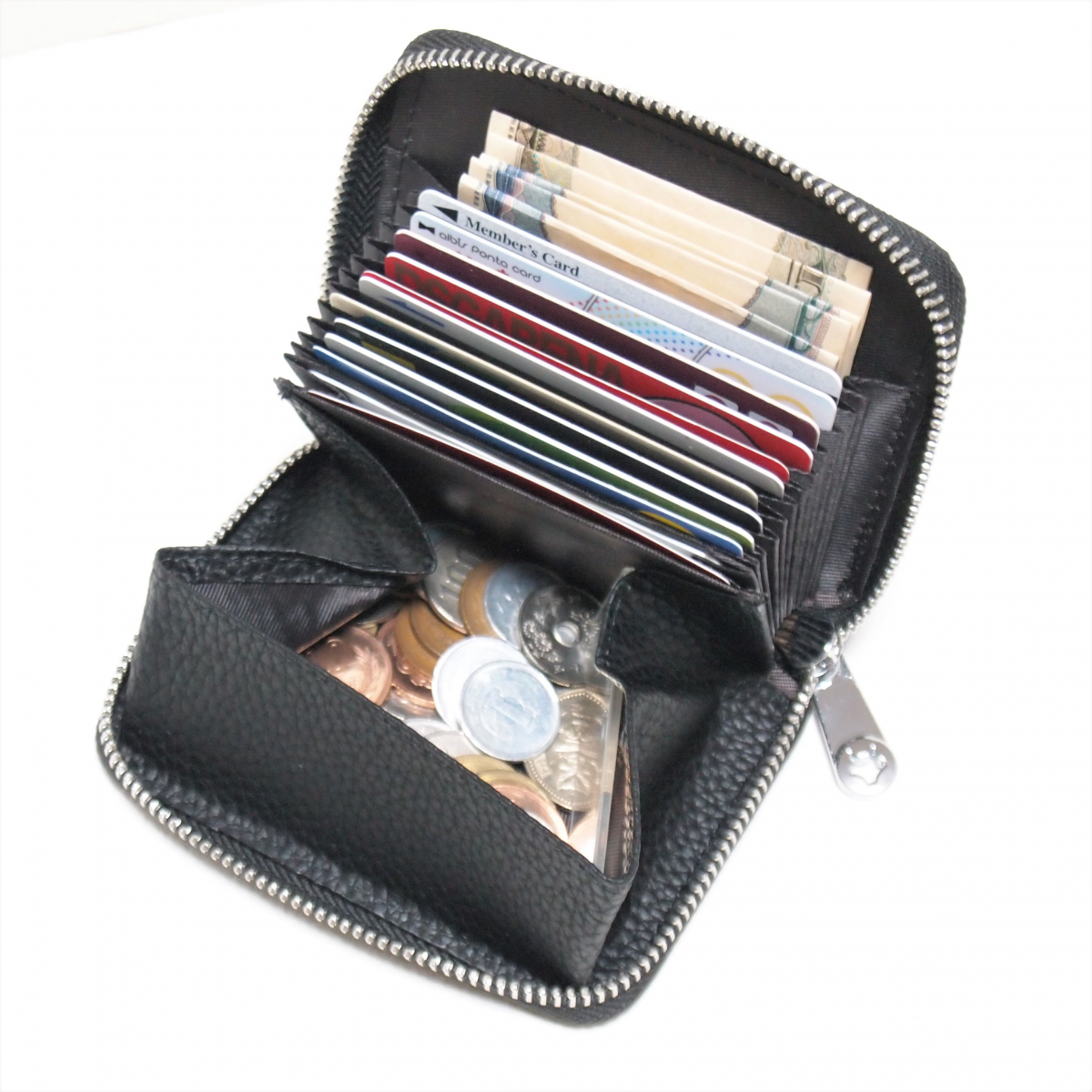 ミニ財布 コインケース ブラック 黒 カードケース じゃばら BOX型 本革 ラウンドファスナー メンズ レディース 大容量 ボックス 2_画像6