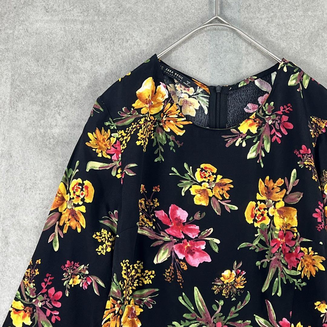 【タグ付】ZARA BASIC（XS）ひざ丈ワンピース フラワーモチーフ 黒_画像1