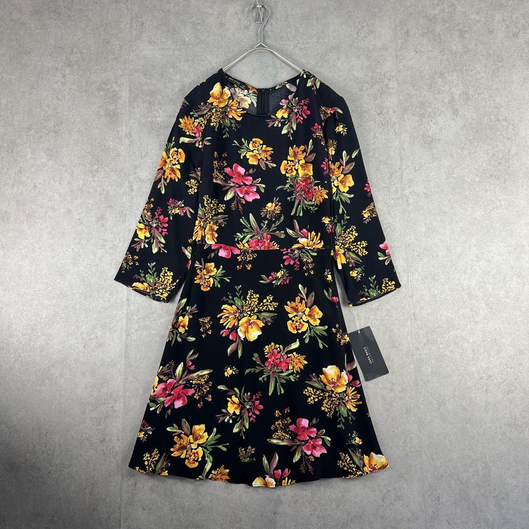【タグ付】ZARA BASIC（XS）ひざ丈ワンピース フラワーモチーフ 黒_画像3