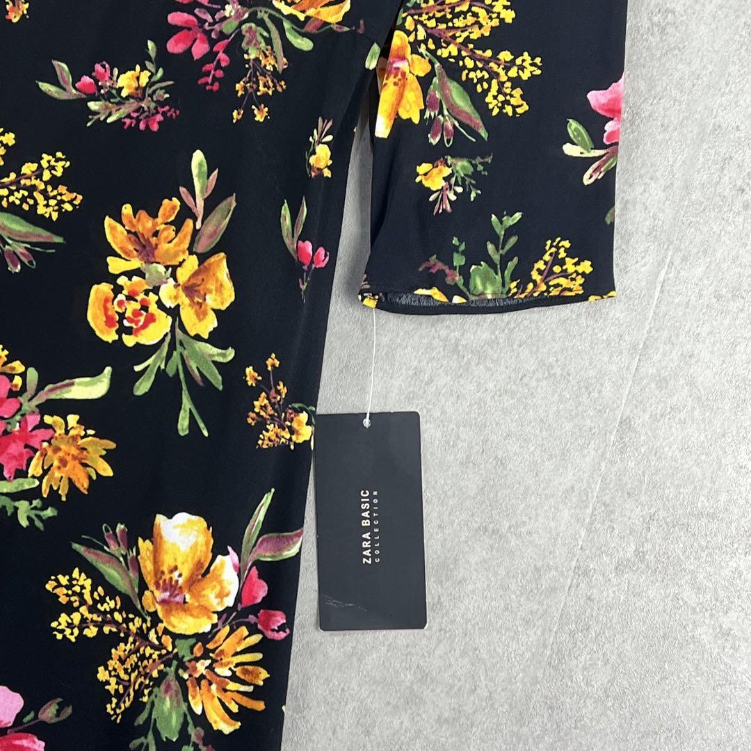 【タグ付】ZARA BASIC（XS）ひざ丈ワンピース フラワーモチーフ 黒_画像6