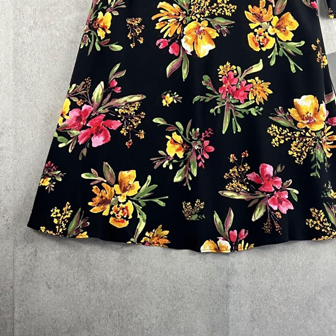 【タグ付】ZARA BASIC（XS）ひざ丈ワンピース フラワーモチーフ 黒_画像7