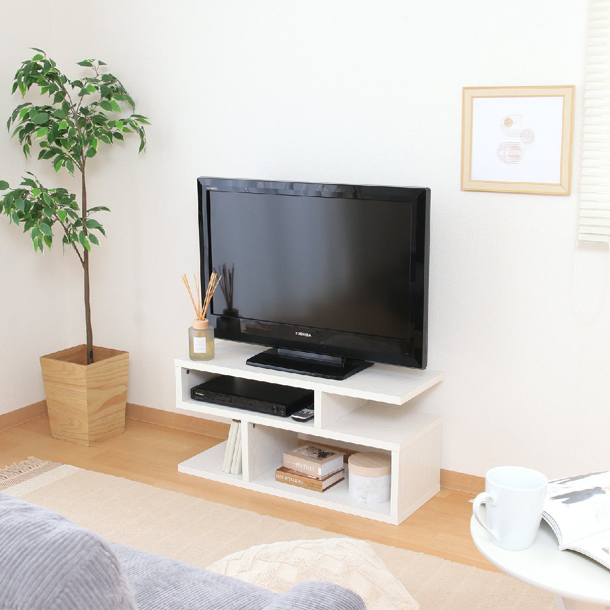 送料無(wú)料 S字型 テレビ臺(tái) S型 テレビボード 萬(wàn)能 収納 オープンラック キャビネット おしゃれ 幅80cm奧行30cm高さ39cm オークホワイト 新品