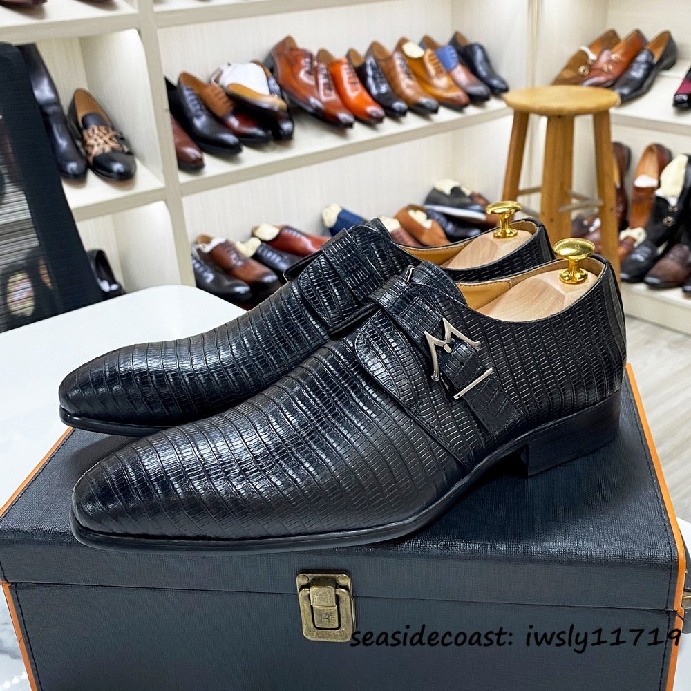 入手困難◆鰐柄 モンクストラップ メンズ ビジネスシューズ 本革 職人手作り 革靴 紳士靴 牛革 レザーシューズ フォーマル ブラック 24.5cm
