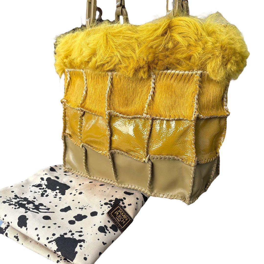 美品 JAMIN PUECH ジャマンピュエッシュ ファー パッチワーク レザー ハンドバッグ ハラコ トートバッグ 肩掛け 手提げ カーキ イエロー_画像1
