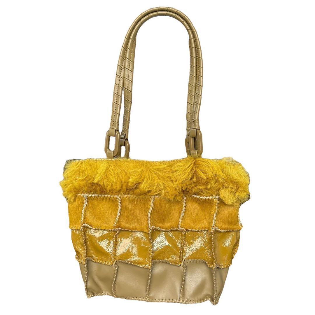 美品 JAMIN PUECH ジャマンピュエッシュ ファー パッチワーク レザー ハンドバッグ ハラコ トートバッグ 肩掛け 手提げ カーキ イエロー_画像2