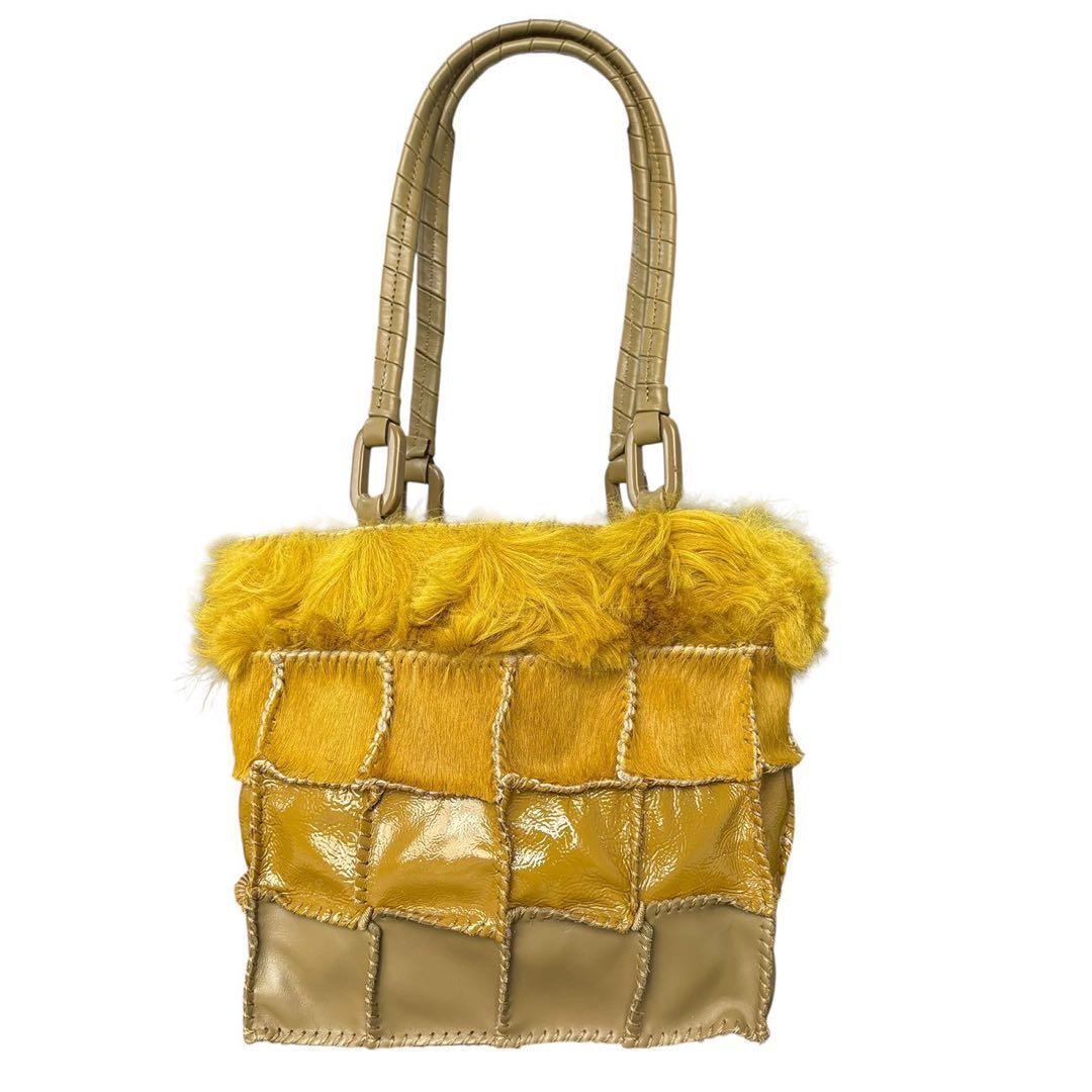 美品 JAMIN PUECH ジャマンピュエッシュ ファー パッチワーク レザー ハンドバッグ ハラコ トートバッグ 肩掛け 手提げ カーキ イエロー_画像3