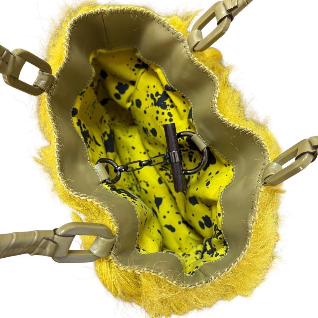 美品 JAMIN PUECH ジャマンピュエッシュ ファー パッチワーク レザー ハンドバッグ ハラコ トートバッグ 肩掛け 手提げ カーキ イエロー_画像8