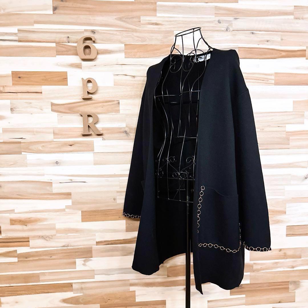 希少【ザラ】ノーカラー レーヨン ニット コート リング チェーン装飾 S黒×金【HFby6PR】レディース・洋服・秋冬【H3G9Y3X】_画像1